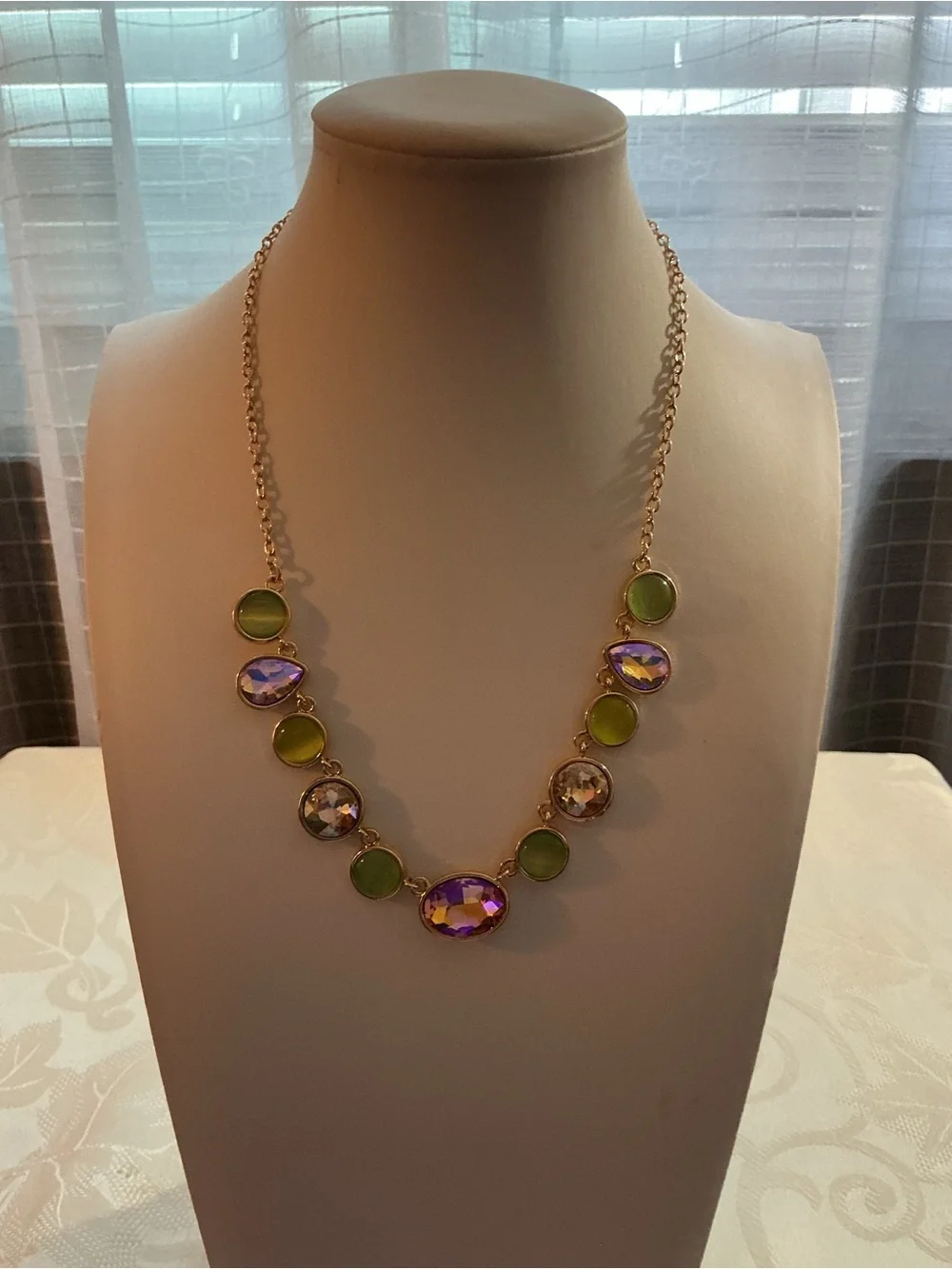 Green Cat’s Eye & Iridescent Aurora Borealis Crystal Gold Tone Cascading Necklac